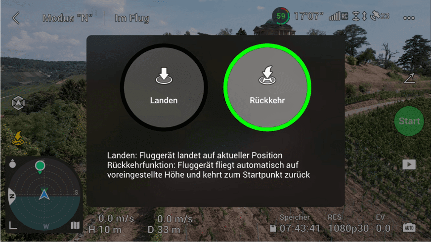 Wenn Du die automatische Rückkehrfunktion aktivierst, fliegt die DJI Mini 3 Pro selbstständig zum zuletzt gespeicherten Ausgangspunkt zurück.